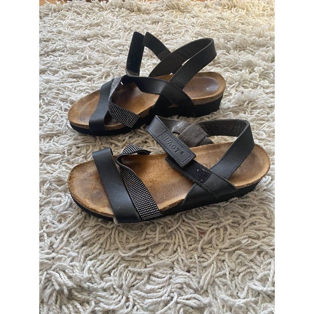 Naot Sandals Cork Wedges Black Suede Leather Silver 37 / US 6
